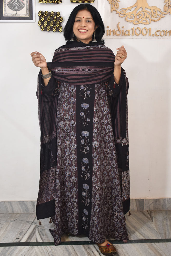 Block Print Ajrakh Cotton Suit with designer Ajrakh neck yoke /panel & Long Stole