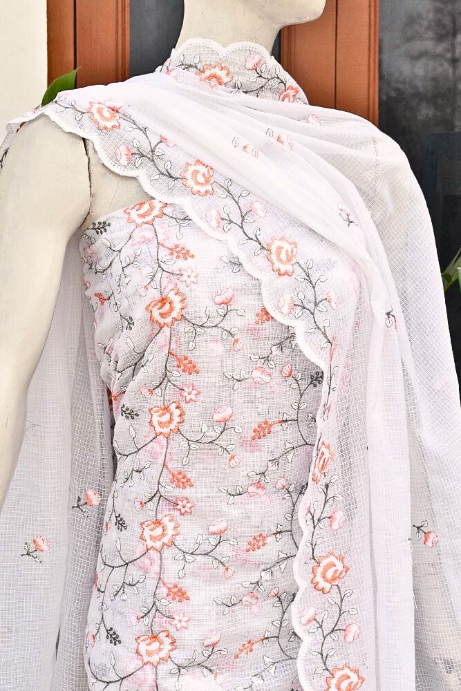 Elegant , Soft & Light Kota Cotton Kurta & Dupatta with embroidery & scallops