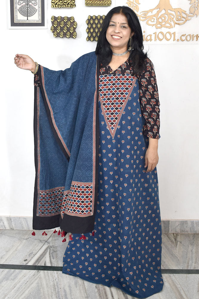 Designer Ajrakh Cotton kurta with Stole & Cotton Bottom - 3 piece set