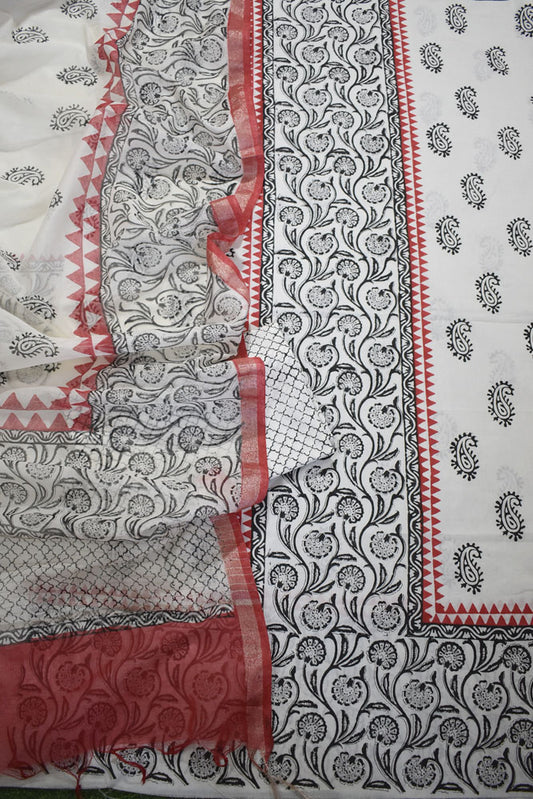 Designer Hand Block Print Cotton suit with Chanderi dupatta