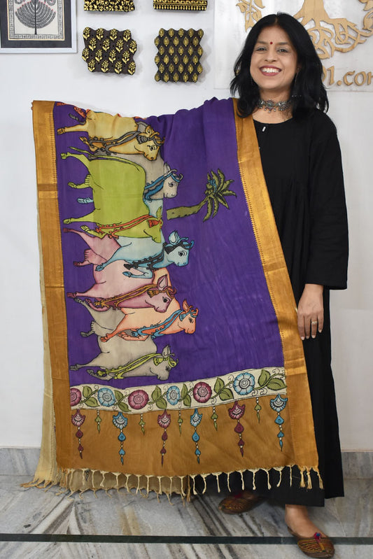 Beautiful Bangalore Cotton Silk Hand Painted Kalamkari Dupatta