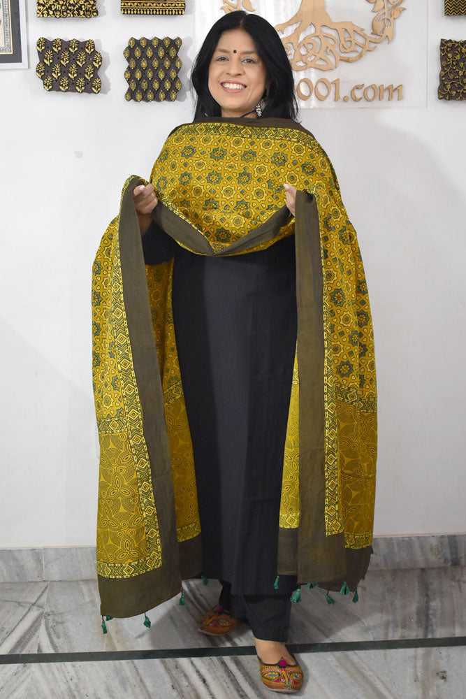 Ajrakh Hand Block Printed Cotton Dupatta with Tassels & natural dyes