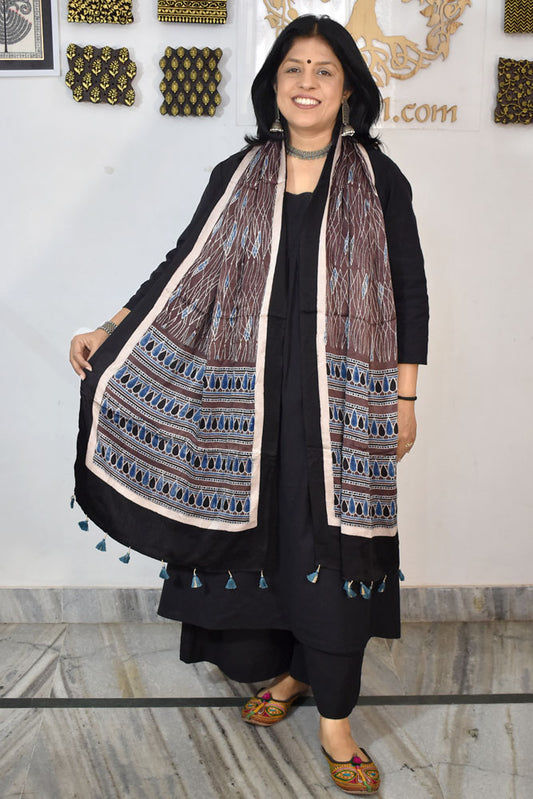 Beautiful Hand Block Printed Ajrakh Modal Silk stole with Tassels