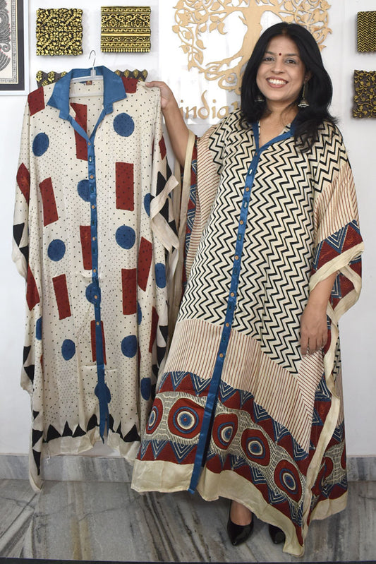 Beautiful Hand Block Printed Ajrakh Modal Silk Kaftan, Size 38 to 50