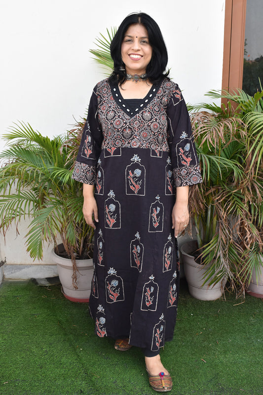 Beautiful Hand Block Printed Ajrakh Cotton kurta with Kutch Mirror work , Size 38 to 46