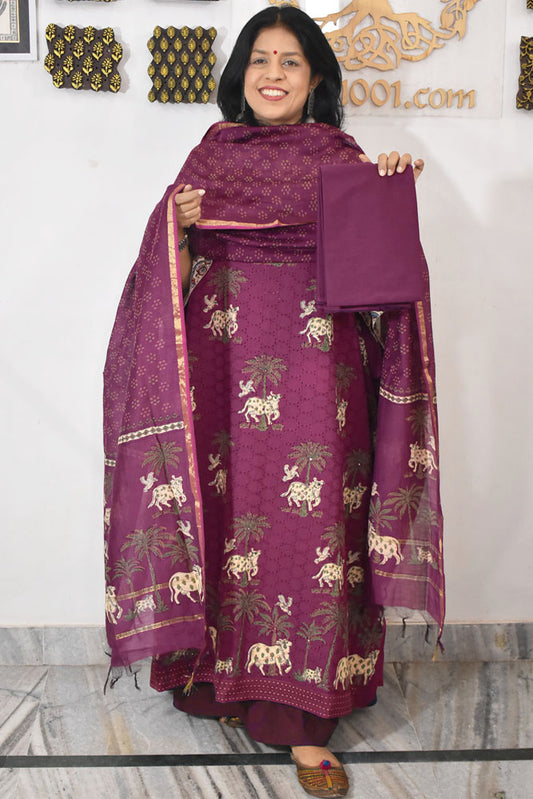 Elegant Hand Block print cotton suit with Schiffli work & Chanderi dupatta