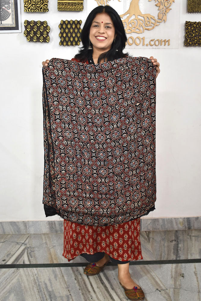 Beautiful Modal Silk Ajrakh Hand Block Print Fabric - 3 mtrs cut