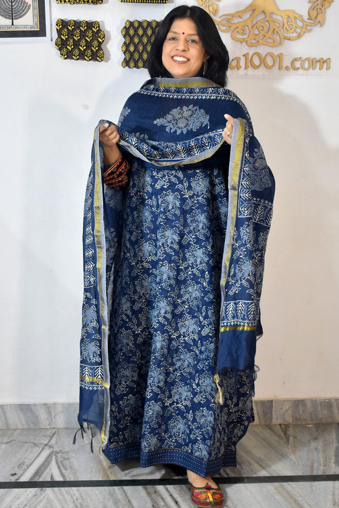 Elegant Hand Block print cotton suit with Schiffli work & Chanderi dupatta