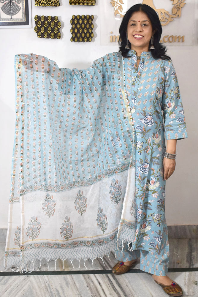 Hand Block Printed Cotton suit with Hand Embroidery - Kurta , Kota Dupatta & Pant - size 38, 40, 42, 44, 46, 48,50