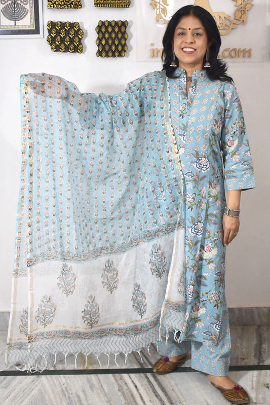 Hand Block Printed Cotton suit with Hand Embroidery - Kurta , Kota Dupatta & Pant - size 38, 40, 42, 44, 46, 48,50