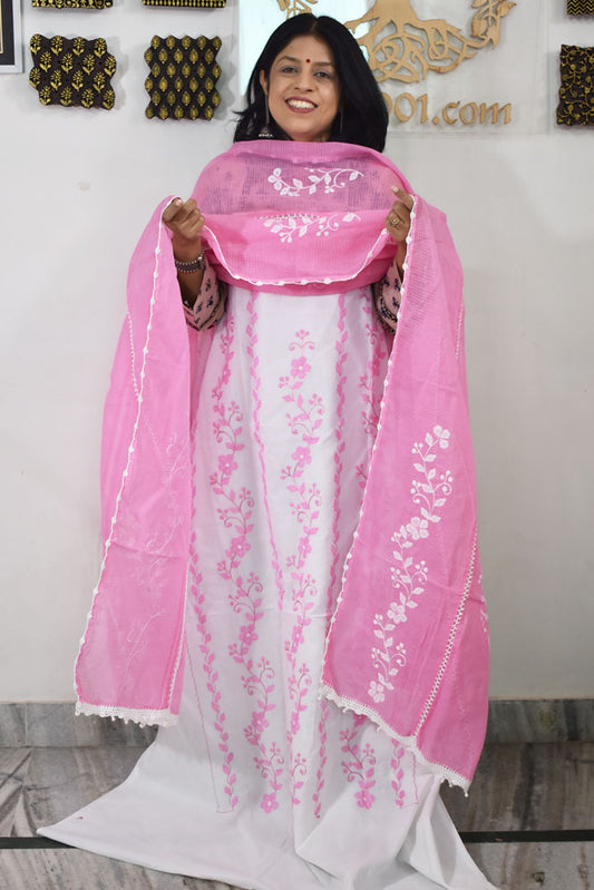 Elegant Kota Kurta & Dupatta set with Hand done Heavy Phool patti work & Cotton Bottom