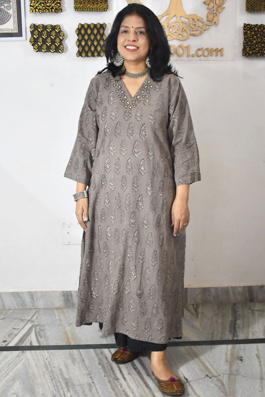 Beautiful Hand Block Printed Vanaspati Ajrakh Cotton kurta with Kutch Mirror work , Size 40 to 46