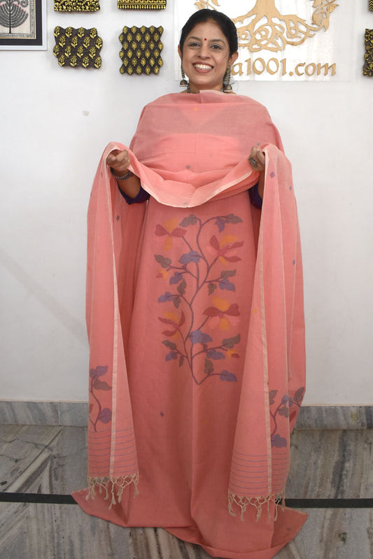 Kalakriti : Beautiful Hand Woven Soft Cotton Needle Jamdani Kurta Fabric & Dupatta set