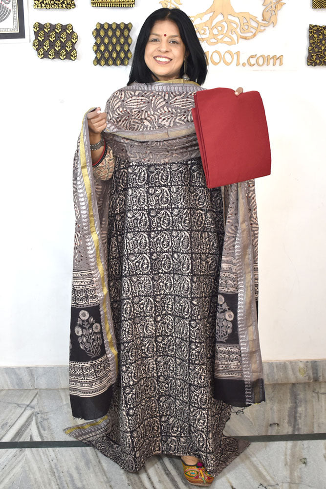 Beautiful Hand Block Printed Cotton unstitched suit fabric with Woven Borders Cotton dupatta