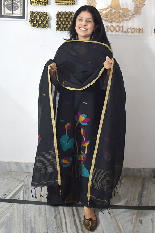Kalakriti : Beautiful Hand Woven Soft Cotton Needle Jamdani Kurta Fabric & Dupatta set