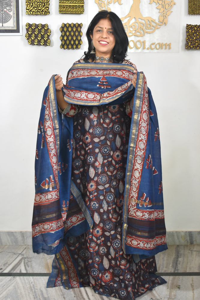 Green - Natural Dyed Block Print Maheshwari Silk Jahota 3pc Unstitched Dress Material 21