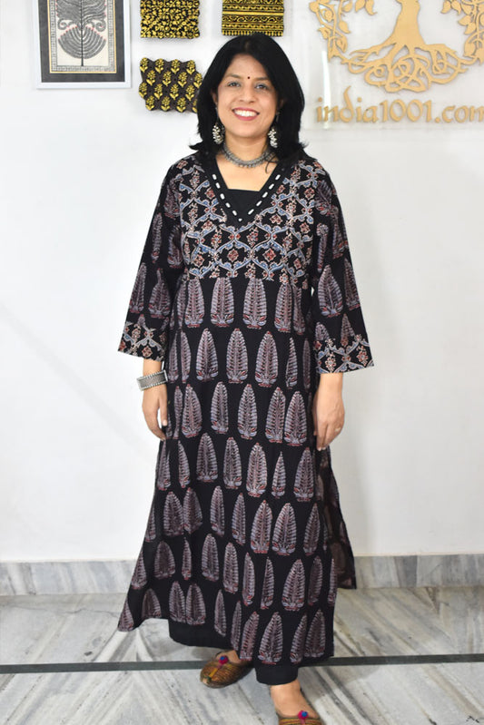 Beautiful Hand Block Printed Ajrakh Cotton kurta with Kutch Mirror work , Size 40 to 46