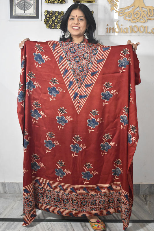 Designer Modal Silk Ajrakh Hand Block Print  Kurta Fabric - 2.5 mtrs cut