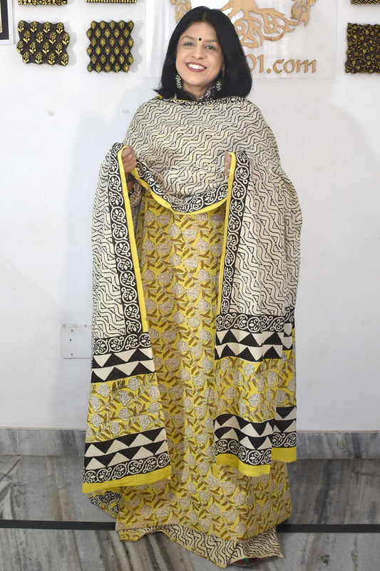 Elegant Bagru Block Printed unstitched suit fabric with Cotton dupatta
