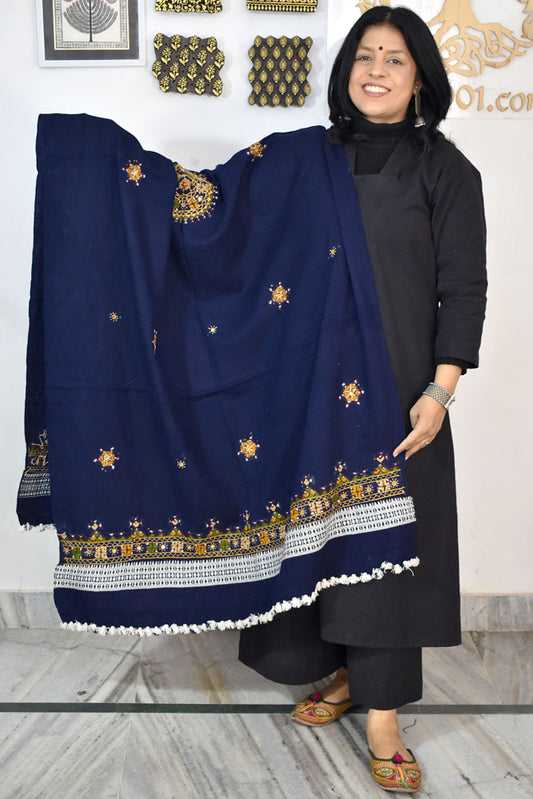 Handwoven Bhujodi Intricate Hand Embroidery & Hand  Mirror Work Woolen  Shawl