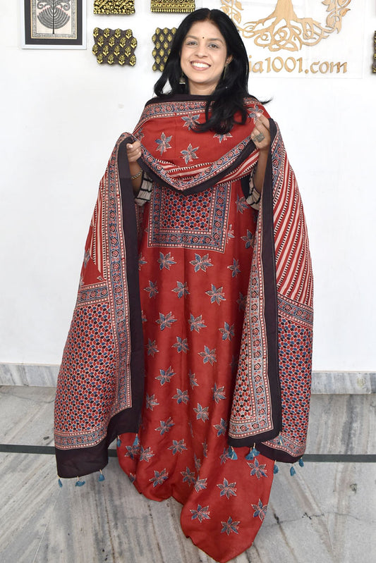 Designer Ajrakh Muslin Unstitched suit with Ajrakh Muslin Dupatta- 2 piece set