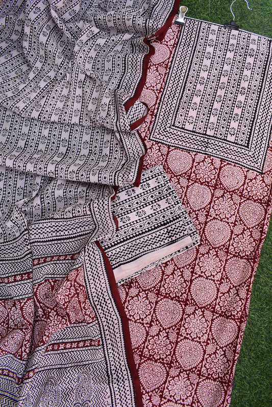 Bagh Hand Block Printed unstitched 3 pc Cotton suit fabric with Placement block print from MP