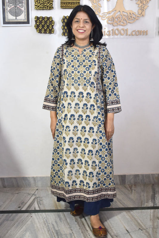 Designer Hand Block Printed Ajrakh cotton Kurta / Dress - Size 38 to 46 ( all sizes)