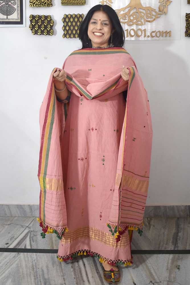Premium Handwoven Kala Cotton Bhujodi suits with Mirror and Miri work - 3 pc set