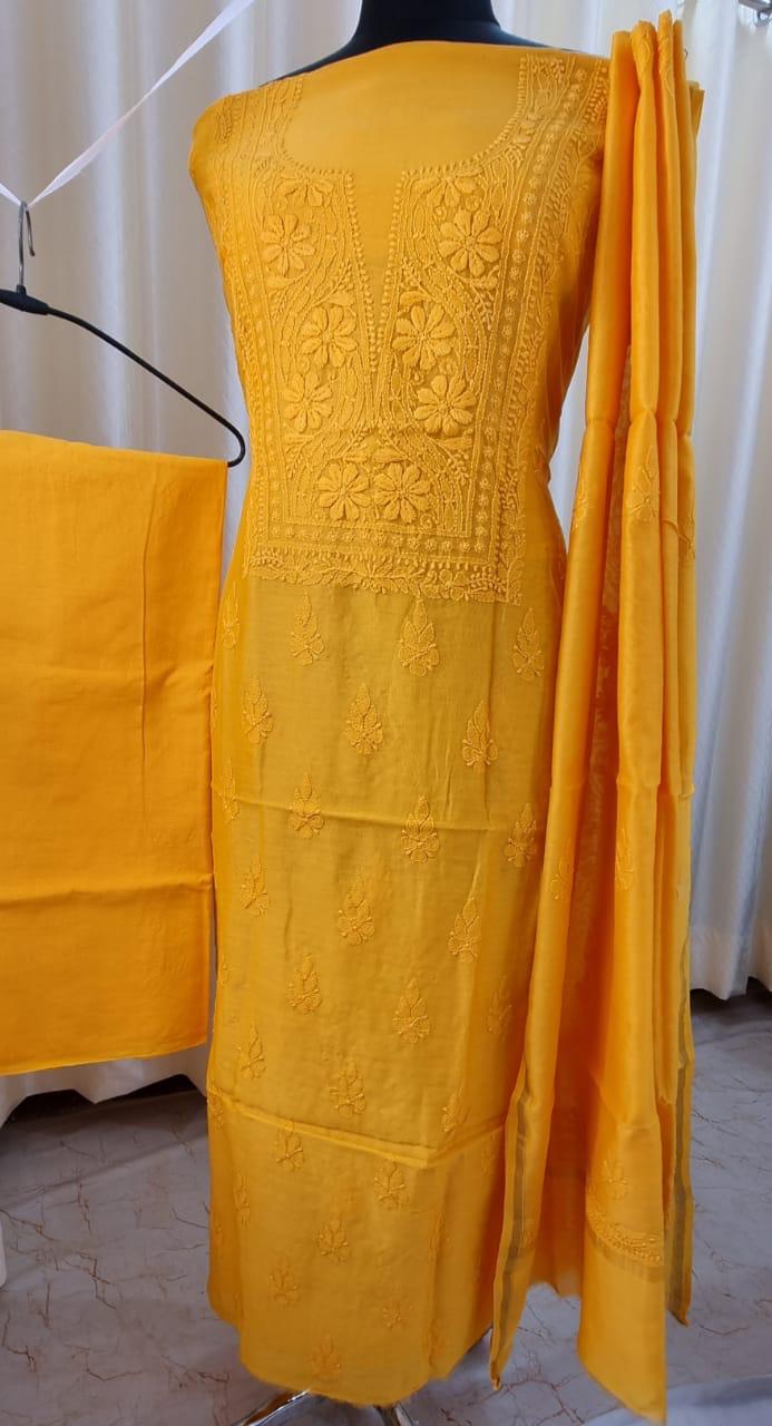 Elegant Chanderi silk Cotton Kurta & Dupatta with Chikankari Embroidery work & cotton bottom - 3 pc set
