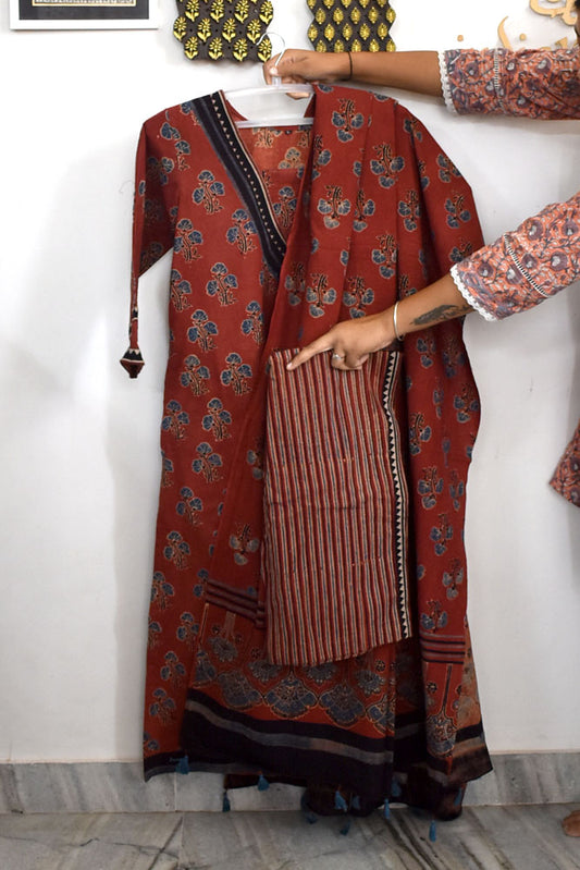Ajrakh Hand Block Printed stitched 3 pc Cotton suit - 40 size