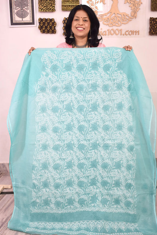 Designer Hand Embroidered Chikankari Tepchi work Kota Doria fabric