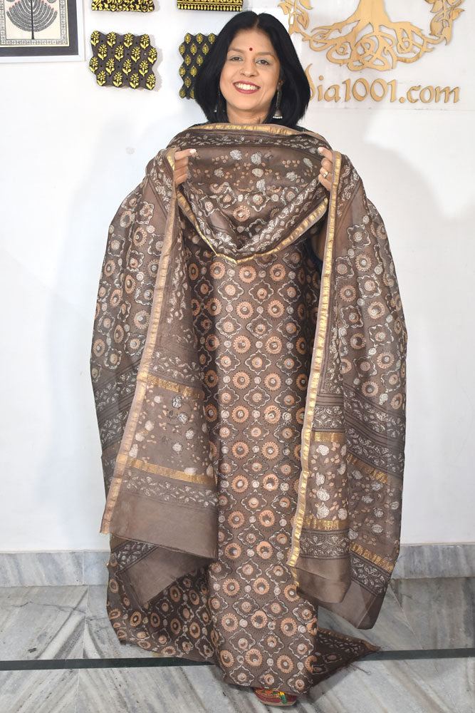 Beautiful Hand Block Printed Vanaspati Ajrakh Maheshwari Silk Cotton Unstitched suit fabric - 3 pc set