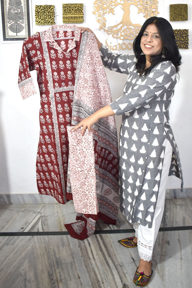 Bagh Hand Block Printed stitched 3 pc Cotton suit - 38 size