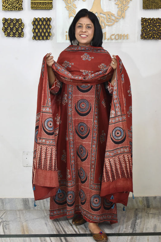 Designer Ajrakh Cotton kurta with  panel design & Mirror work & Cotton dupatta - 3 piece set