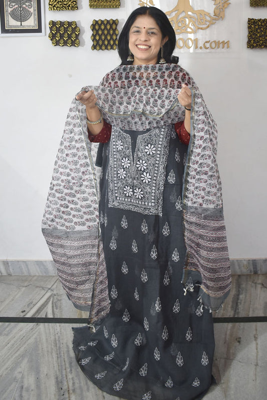 Elegant Lucknowi Chikankari Hand Embroidery work  & Block print Dupatta - 2 pc set