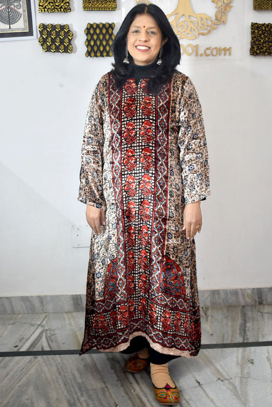 Beautiful Ajrakh Velvet Hand Block Print kurta , Size 38 to 46