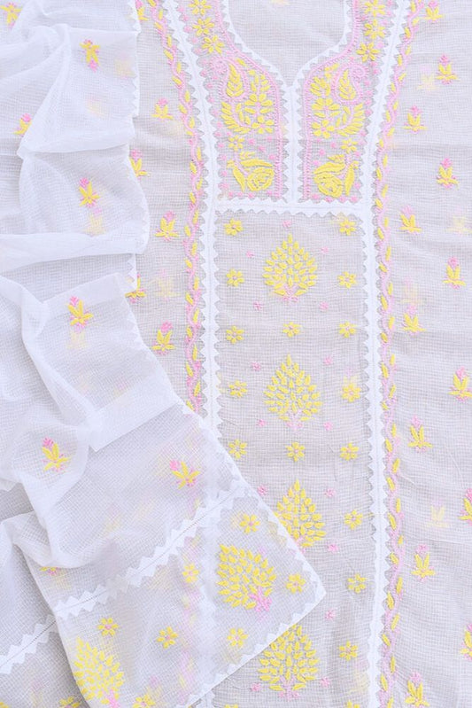 Elegant Milky White Kota Kurta & Dupatta Set with Applique &  Lucknowi Hand Chikankari embroidery
