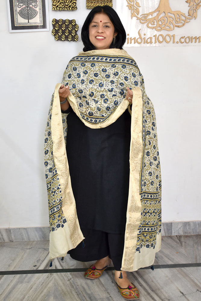 Beautiful Ajrakh Dola Silk Hand Block Print  Dupatta with Tassels
