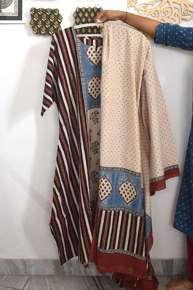 Ajrakh Hand Block Printed stitched Kaftan Kurta & Dupatta Set