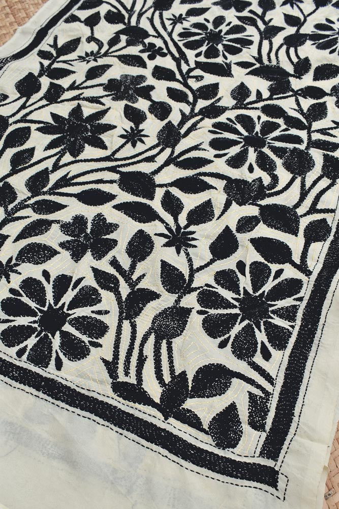 Elegant Hand Embroidered Kantha work Tussar Silk Stole