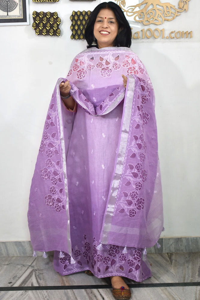 Beautiful Pure Linen suit with intricate embroidery on the kurta &amp; dupatta and cotton silk bottom