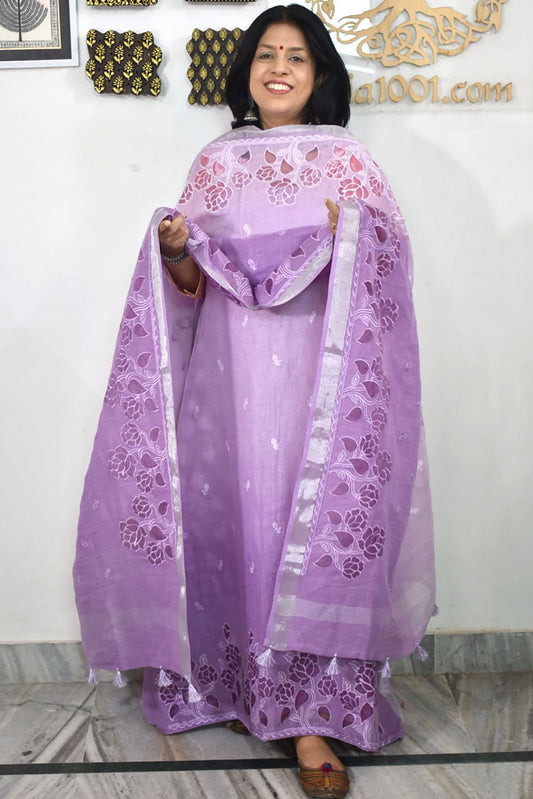 Beautiful Pure Linen suit with intricate embroidery on the kurta &amp; dupatta and cotton silk bottom