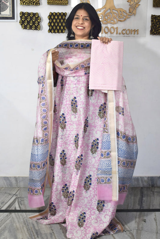 Beautiful Hand Block Printed Maheshwari Silk Cotton Unstitched suit fabric - 3 pc set