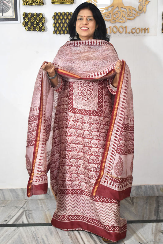 Bagh Hand Block Printed unstitched 3 pcs Handwoven Chanderi suit fabric with Zari borders