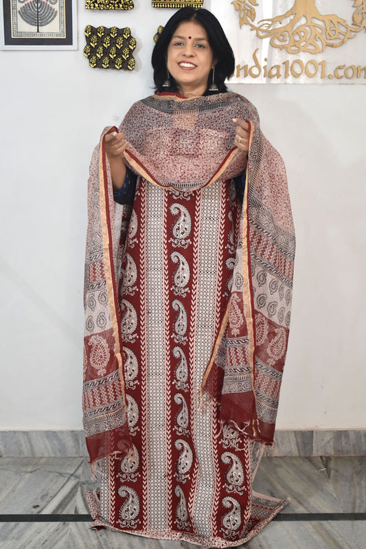 Classic Bagh Block Printed unstitched suit fabric with Kota Doria dupatta