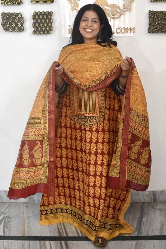 Bagh Hand Block Printed unstitched 3 pcs Handwoven Maheshwari suit fabric with Zari borders