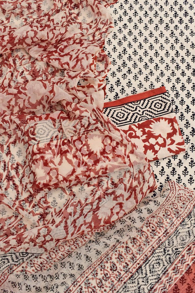 Hand Block Printed Bagru Cotton unstitched suit fabric with Chiffon dupatta