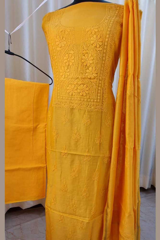 Elegant Chanderi silk Cotton Kurta & Dupatta with Chikankari Embroidery work & cotton bottom - 3 pc set