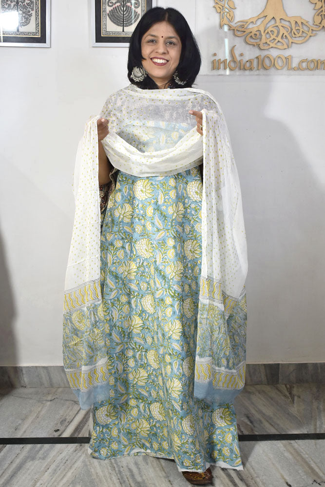 Hand Block Printed Cotton unstitched suit fabric with Chiffon dupatta