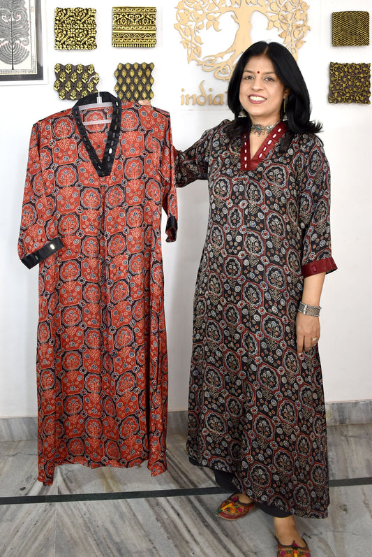 Beautiful Ajrakh Modal Silk Kurta with Kutch Mirror Work size - 38 - 44